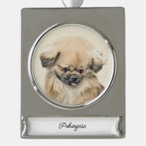 Pekingese Painting _ Cute Original Dog Art Silver  Silver Plated Banner Ornament