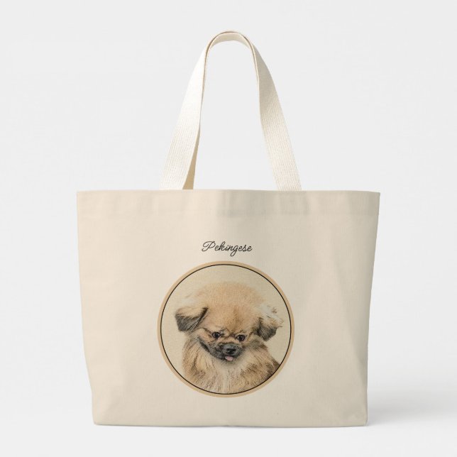 Pekingese Painting Fawn Cute Original Pet Dog Art Large Tote Bag (Back)
