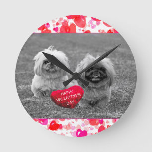 Pekingese Puppies wishing Happy Valentine's Day Round Clock