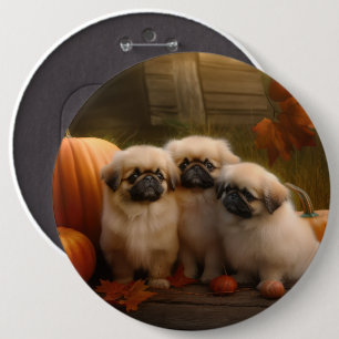 Pekingese Puppy Autumn Delight Pumpkin Button