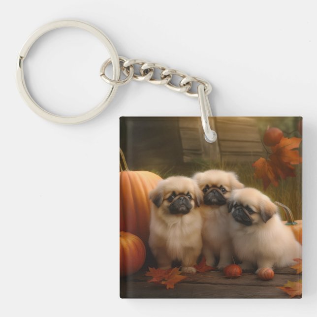 Pekingese Puppy Autumn Delight Pumpkin  Keychain (Front)
