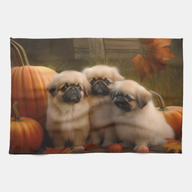 Pekingese Puppy Autumn Delight Pumpkin  Kitchen Towel (Horizontal)