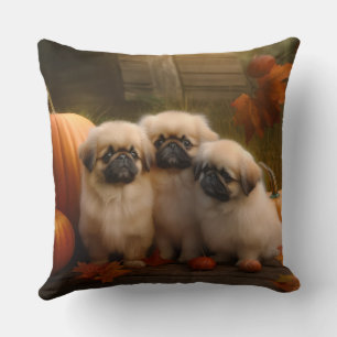 Pekingese Puppy Autumn Delight Pumpkin Throw Pillow