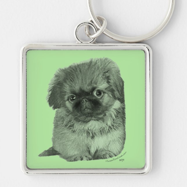 Pekingese Puppy Green Keychain (Front)