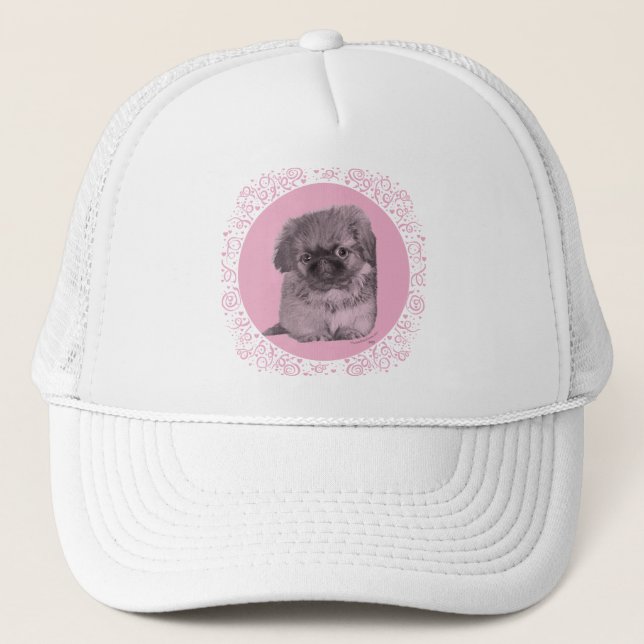 Pekingese Puppy in Pink Trucker Hat (Front)