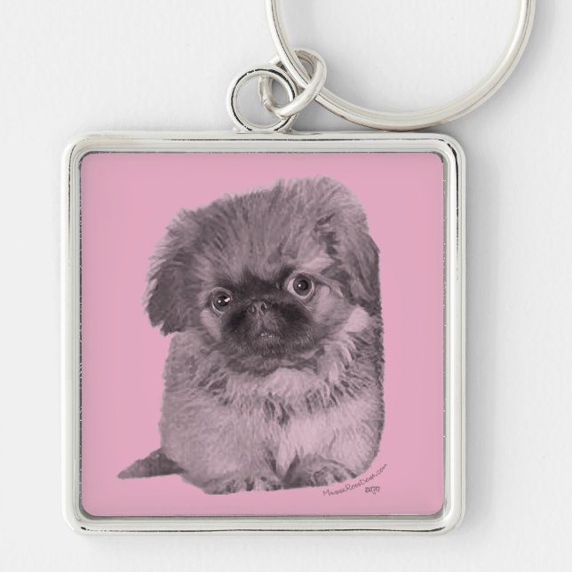 Pekingese Puppy on Pink Keychain (Front)