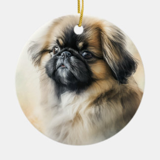 Pekingese puppy Watercolor Painting Ceramic Ornament