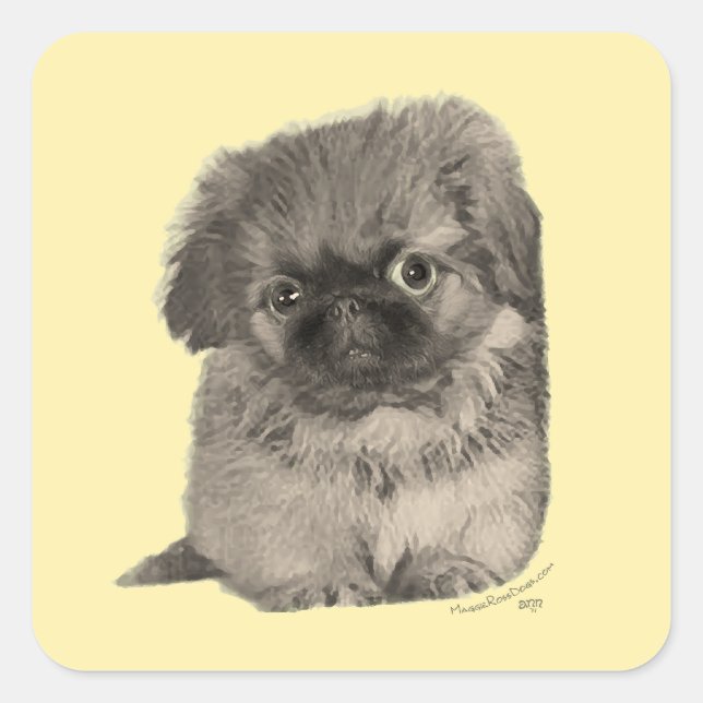 Pekingese Puppy Yellow Square Sticker (Front)