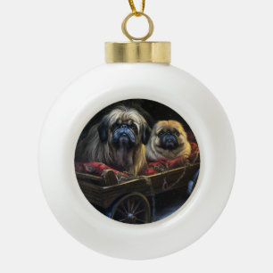 Pekingese Snowy Sleigh Christmas Decor Ceramic Ball Christmas Ornament