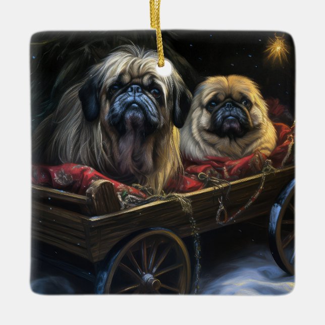 Pekingese Snowy Sleigh Christmas Decor  Ceramic Ornament (Front)