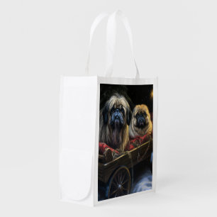 Pekingese Snowy Sleigh Christmas Decor  Grocery Bag