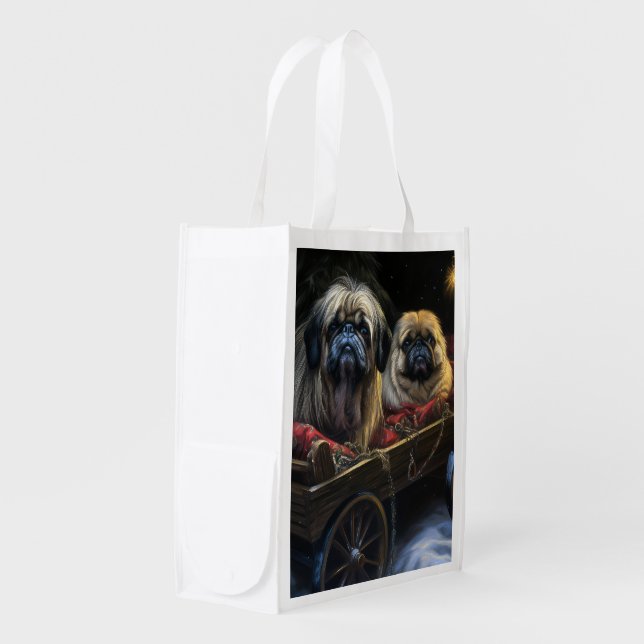 Pekingese Snowy Sleigh Christmas Decor  Grocery Bag (Front Side)