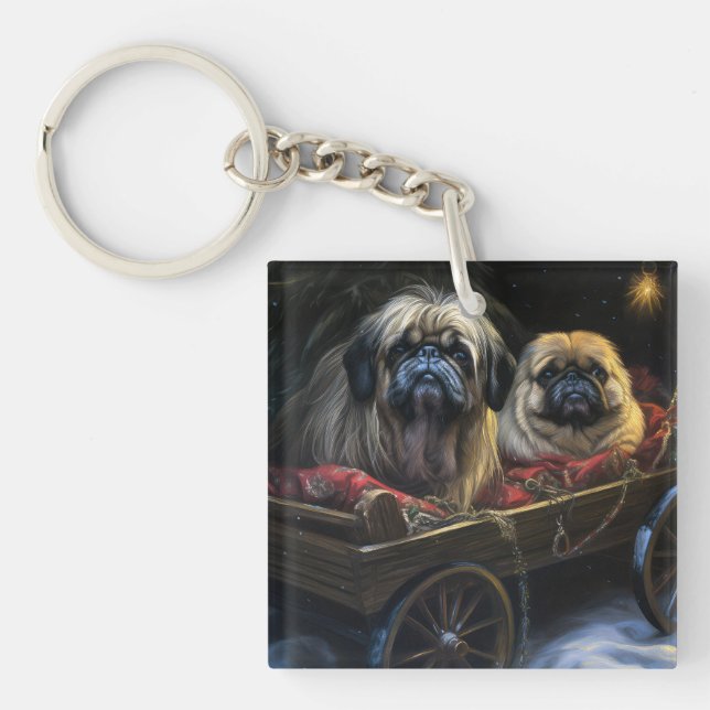 Pekingese Snowy Sleigh Christmas Decor  Keychain (Front)