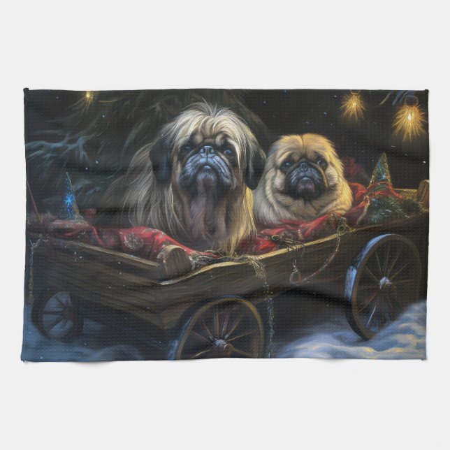Pekingese Snowy Sleigh Christmas Decor  Kitchen Towel (Horizontal)