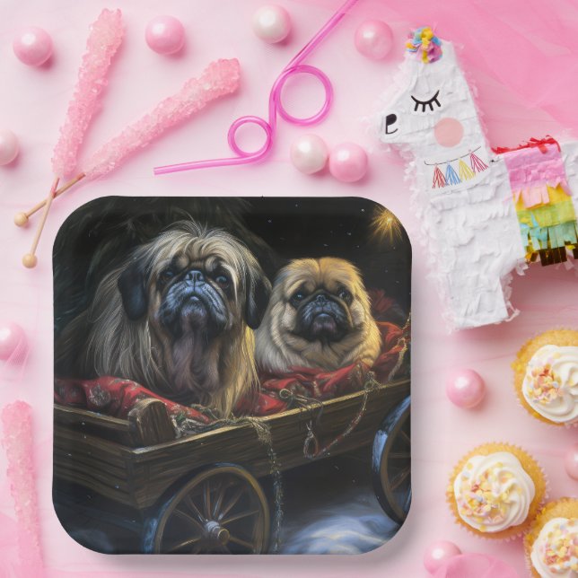 Pekingese Snowy Sleigh Christmas Decor  Paper Plates (Party)