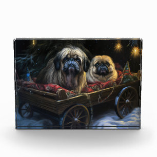 Pekingese Snowy Sleigh Christmas Decor Photo Block