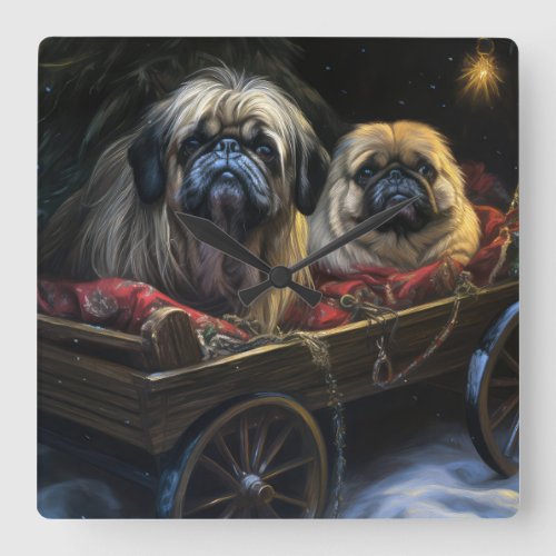 Pekingese Snowy Sleigh Christmas Decor  Square Wall Clock