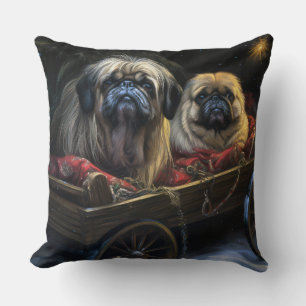 Pekingese Snowy Sleigh Christmas Decor Throw Pillow