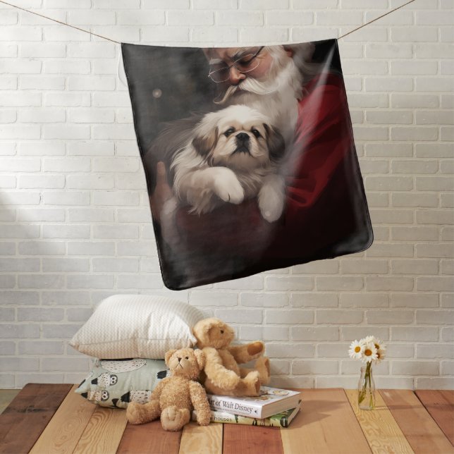 Pekingese With Santa Claus Festive Christmas Baby Blanket (In Situ)