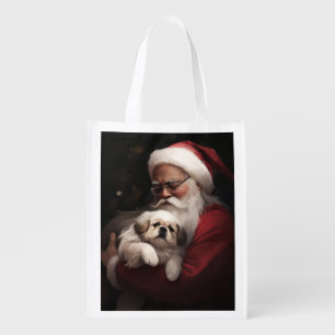 Pekingese With Santa Claus Festive Christmas Grocery Bag