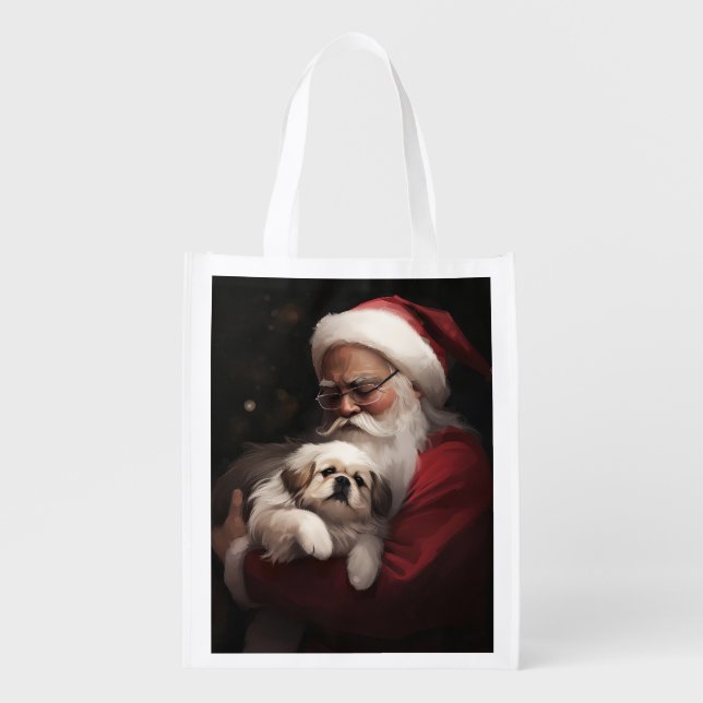 Pekingese With Santa Claus Festive Christmas Grocery Bag (Front)