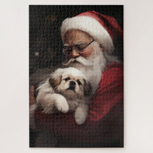 Pekingese With Santa Claus Festive Christmas Jigsaw Puzzle