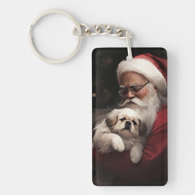 Pekingese With Santa Claus Festive Christmas Keychain (Front)