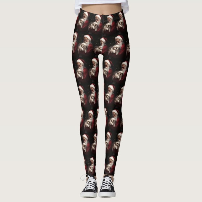 Pekingese With Santa Claus Festive Christmas Leggings (Front)
