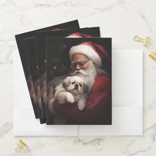 Pekingese With Santa Claus Festive Christmas Pocket Folder
