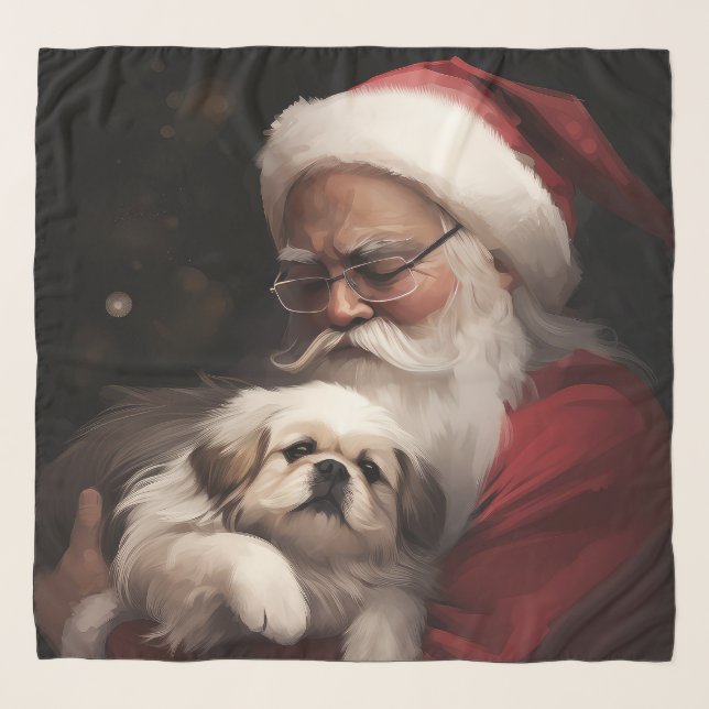 Pekingese With Santa Claus Festive Christmas Scarf (Front)