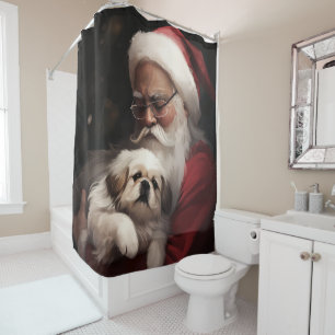 Pekingese With Santa Claus Festive Christmas Shower Curtain