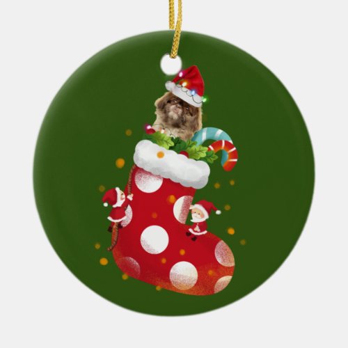 Pekingese With Socking Ceramic Ornament