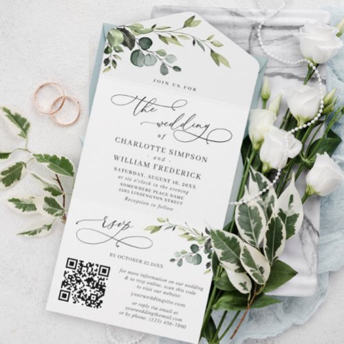 PElegant Eucalyptus Greenery Wedding QR Code All In One Invitation