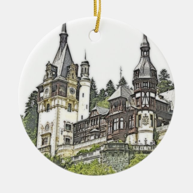 Peles Castle Romania Christmas Holiday Ceramic Ornament (Front)