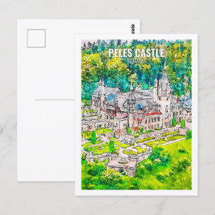 Peles Castle Romania Famous Travel Watercolor Postcard