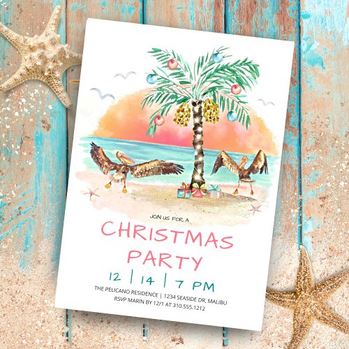 Pelican and Palm Tree Beach Christmas Party  Invitation