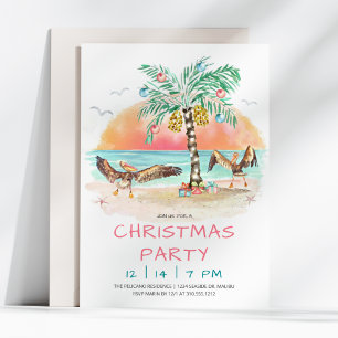 Pelican and Palm Tree Beach Christmas Party Invitation