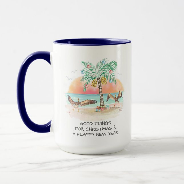 Pelican and Palm Tree Funny Coastal Christmas Mug (Left)