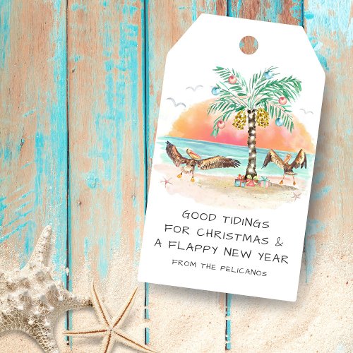 Pelican and Palm Tree Tropical Beach Christmas Gift Tags