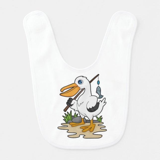 Pelican as Fisher with Fishing rod & Fish Baby Bib (Front)