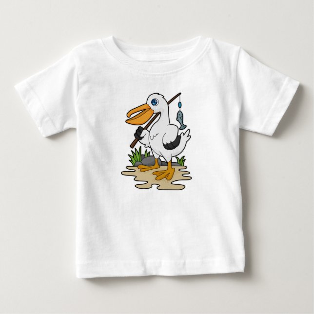 Pelican as Fisher with Fishing rod & Fish Baby T-Shirt (Front)