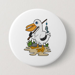 Pelican as Fisher with Fishing rod & Fish Button