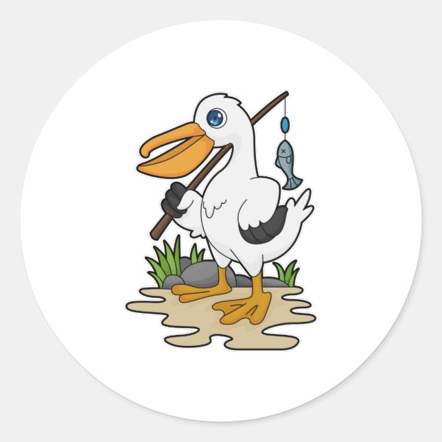 Pelican as Fisher with Fishing rod & Fish Classic Round Sticker (Front)