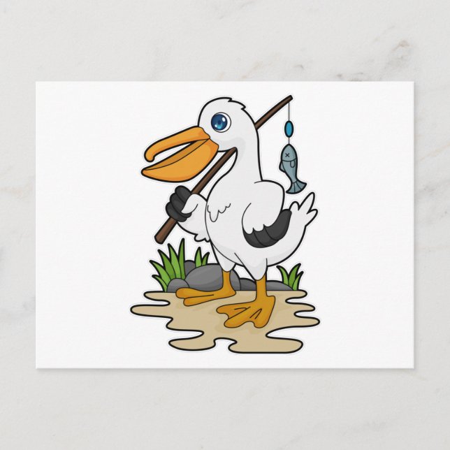 Pelican as Fisher with Fishing rod & Fish Postcard (Front)