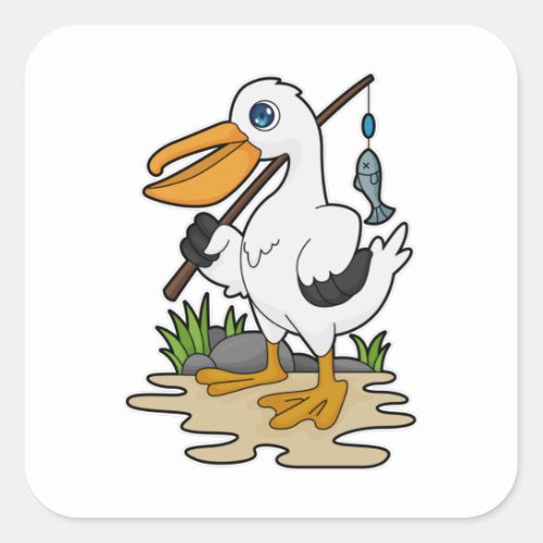 Pelican as Fisher with Fishing rod  Fish Square Sticker