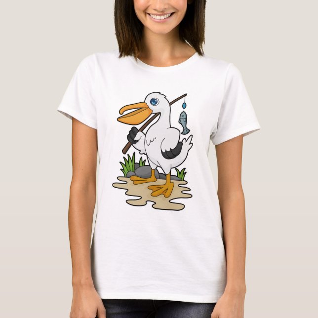 Pelican as Fisher with Fishing rod & Fish T-Shirt (Front)
