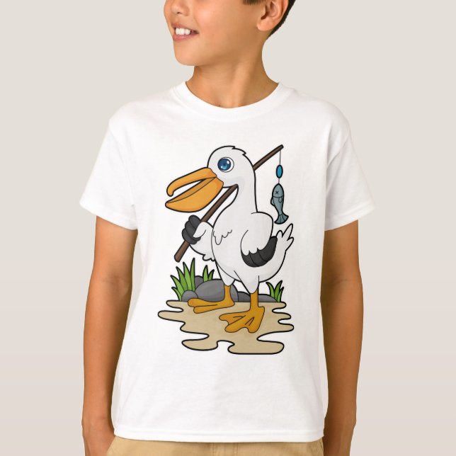 Pelican as Fisher with Fishing rod & Fish T-Shirt (Front)