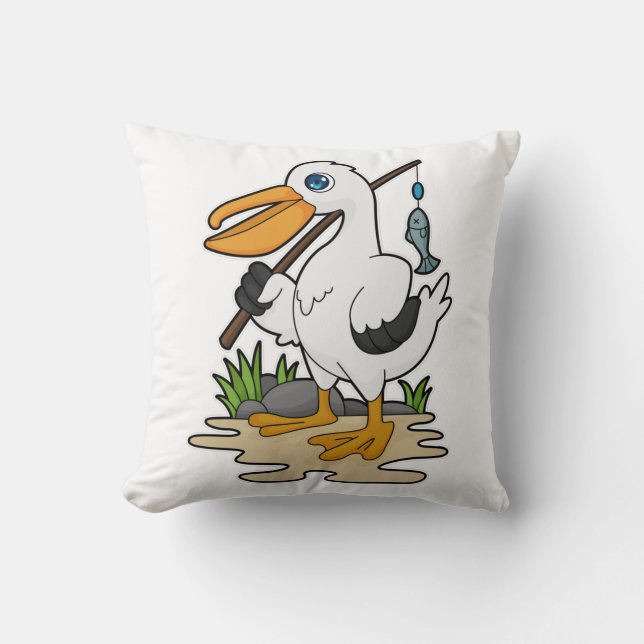 Pelican as Fisher with Fishing rod & Fish Throw Pillow (Front)