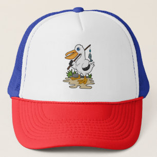 Pelican as Fisher with Fishing rod & Fish Trucker Hat