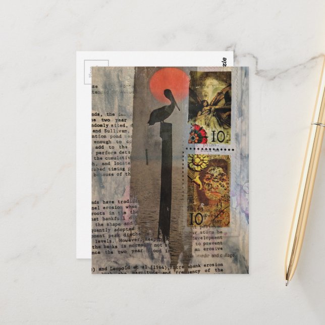 Pelican bird and stamps mixed media collage postcard (Front/Back In Situ)
